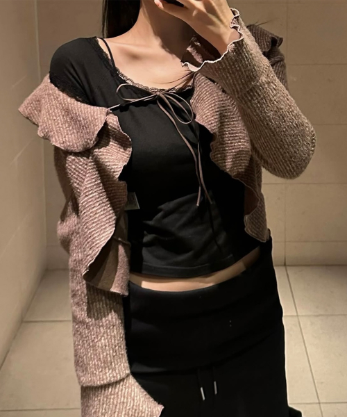 FRILL STRAP CARDIGAN / BROWN