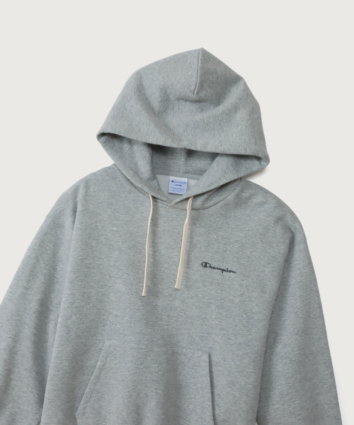여성 스몰 스크립트 로고 루즈핏 기모 후드 티셔츠 Oxford Grey