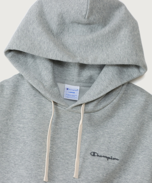 여성 스몰 스크립트 로고 루즈핏 기모 후드 티셔츠 Oxford Grey