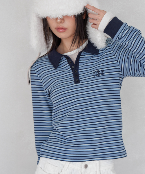 MULTI-STRIPE SLIM COLLAR T-SHIRT, BLUE