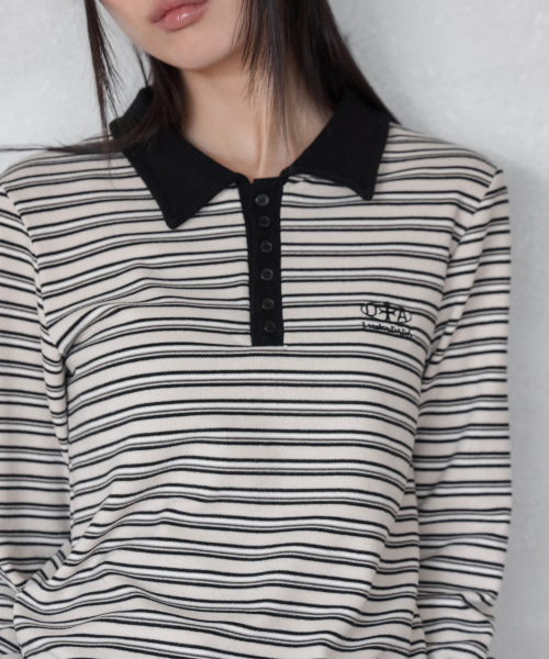 MULTI-STRIPE SLIM COLLAR T-SHIRT, CREAM