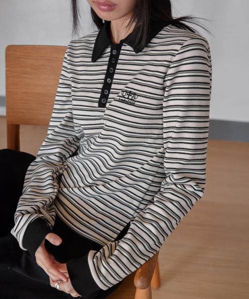 MULTI-STRIPE SLIM COLLAR T-SHIRT, CREAM