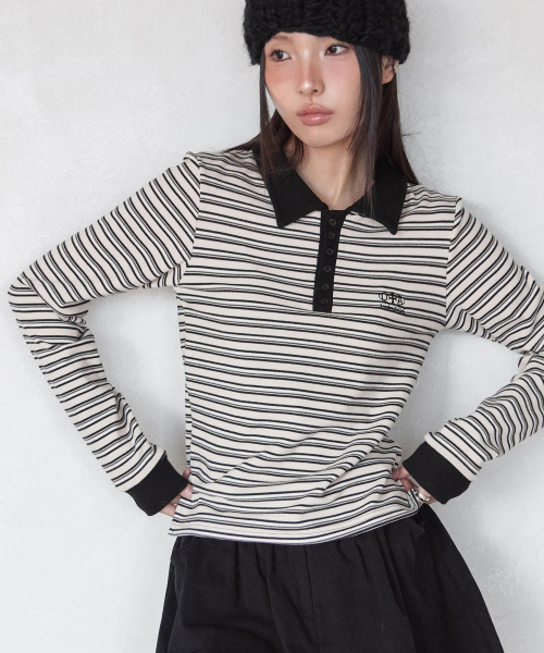 MULTI-STRIPE SLIM COLLAR T-SHIRT, CREAM