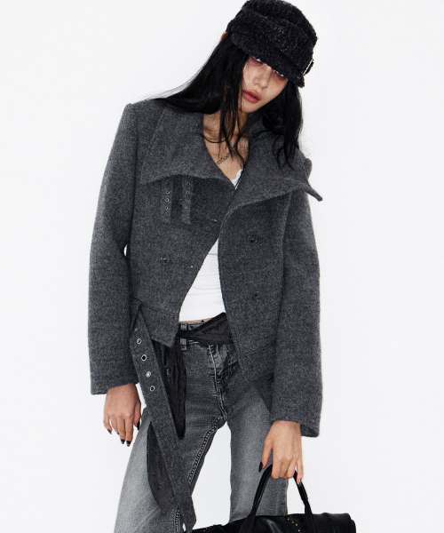 Double Belted High-Neck Coat (GREY)