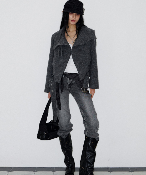 Double Belted High-Neck Coat (GREY)