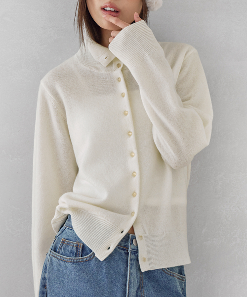 HIGH-NECK BUTTON WOOL CARDIGAN, IVORY