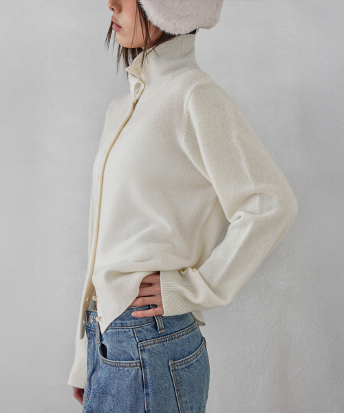 HIGH-NECK BUTTON WOOL CARDIGAN, IVORY