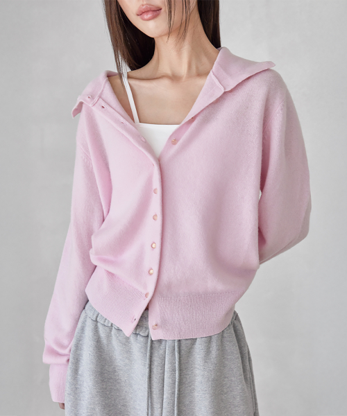 HIGH-NECK BUTTON WOOL CARDIGAN, PINK