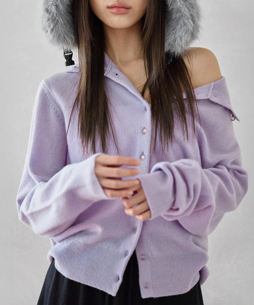 HIGH-NECK BUTTON WOOL CARDIGAN, LAVENDER