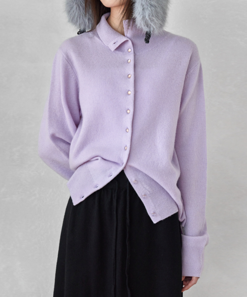 HIGH-NECK BUTTON WOOL CARDIGAN, LAVENDER