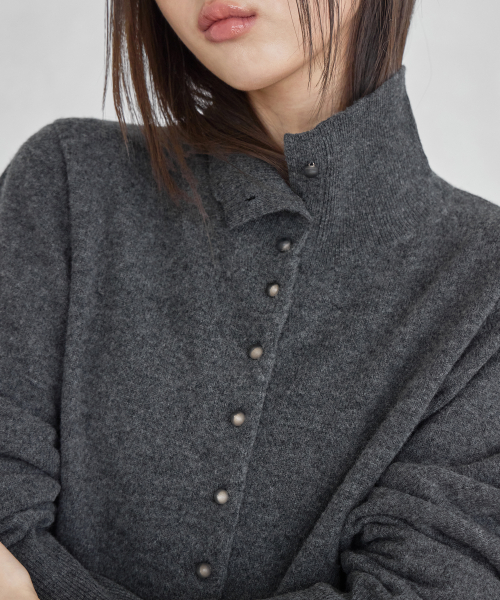 HIGH-NECK BUTTON WOOL CARDIGAN, CHARCOAL