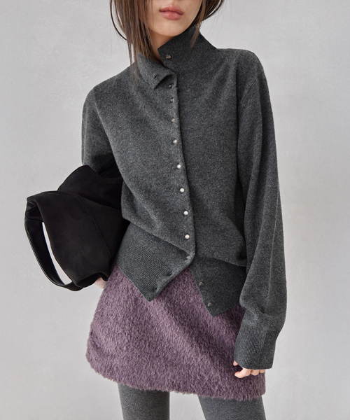 HIGH-NECK BUTTON WOOL CARDIGAN, CHARCOAL