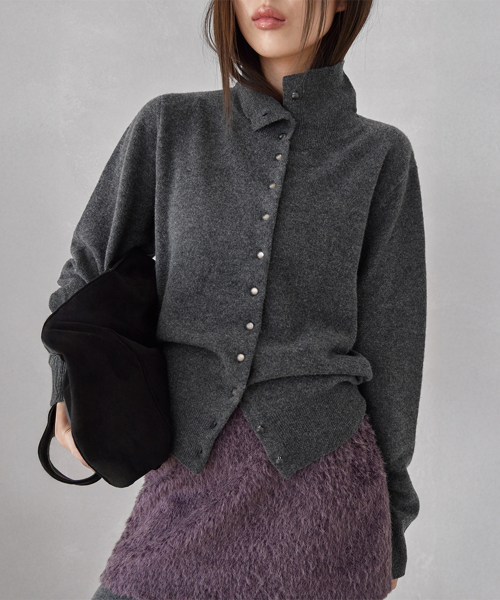 HIGH-NECK BUTTON WOOL CARDIGAN, CHARCOAL