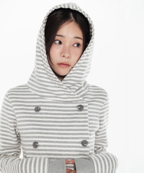 Double Button Stripe Hooded Jacket_Cream Melange Gray