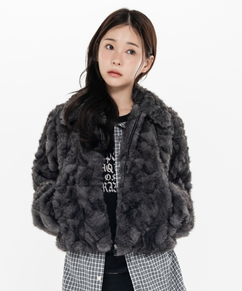Collar Zip-Up Fur Jacket _ Charcoal