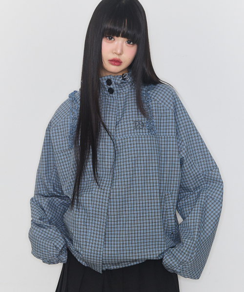 OBLIQUE FRILL HOODED JACKET CHECK BLUE