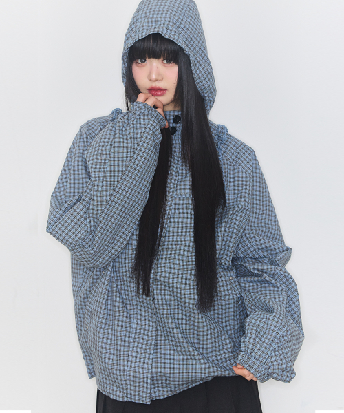 OBLIQUE FRILL HOODED JACKET CHECK BLUE