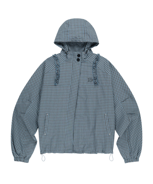 OBLIQUE FRILL HOODED JACKET CHECK BLUE