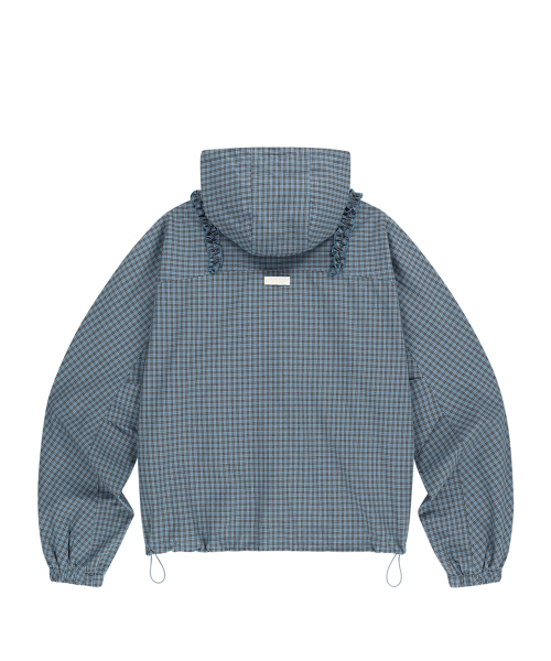 OBLIQUE FRILL HOODED JACKET CHECK BLUE