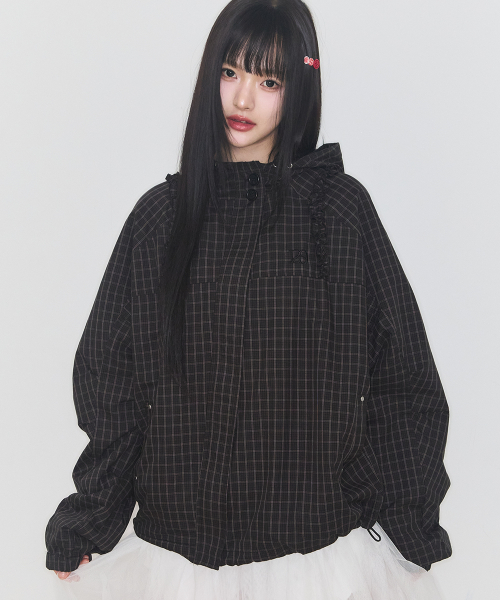 OBLIQUE FRILL HOODED JACKET CHECK GREEN