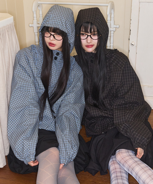 OBLIQUE FRILL HOODED JACKET CHECK GREEN