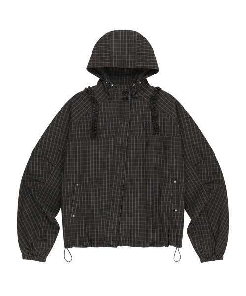 OBLIQUE FRILL HOODED JACKET CHECK GREEN