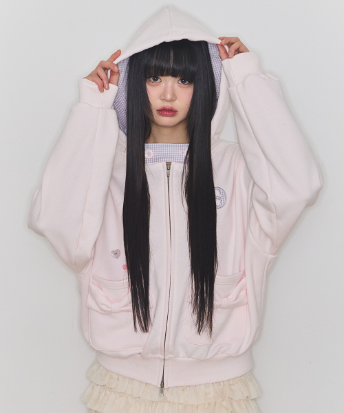 CHECKER BOW POCKET HOODED ZIP-UP BABY PINK