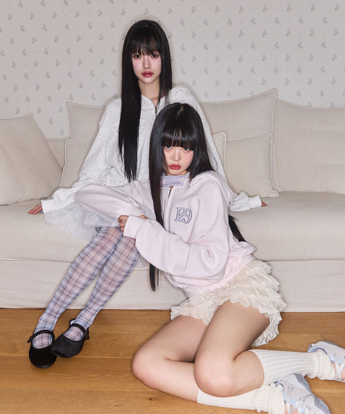 CHECKER BOW POCKET HOODED ZIP-UP BABY PINK