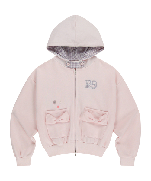 CHECKER BOW POCKET HOODED ZIP-UP BABY PINK