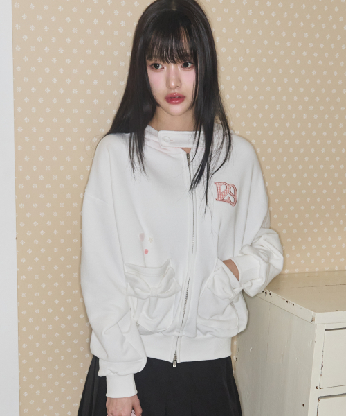CHECKER BOW POCKET HOODED ZIP-UP WHITE