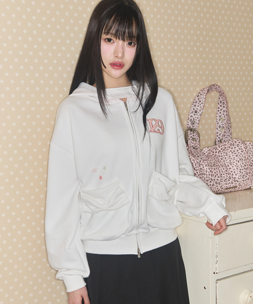 CHECKER BOW POCKET HOODED ZIP-UP WHITE