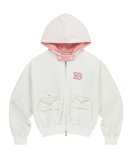 CHECKER BOW POCKET HOODED ZIP-UP WHITE