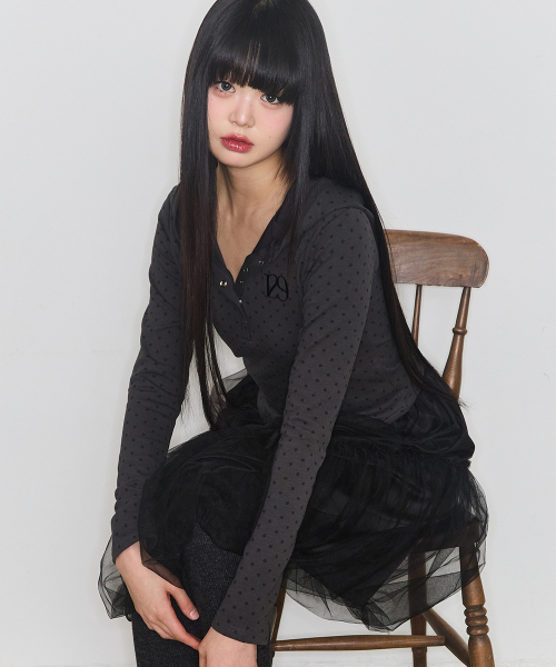129 BUTTON HOODIE LONG SLEEVE DOT CHARCOAL
