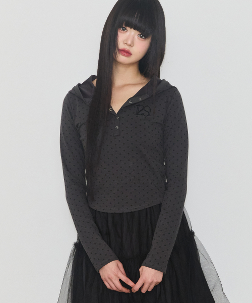 129 BUTTON HOODIE LONG SLEEVE DOT CHARCOAL