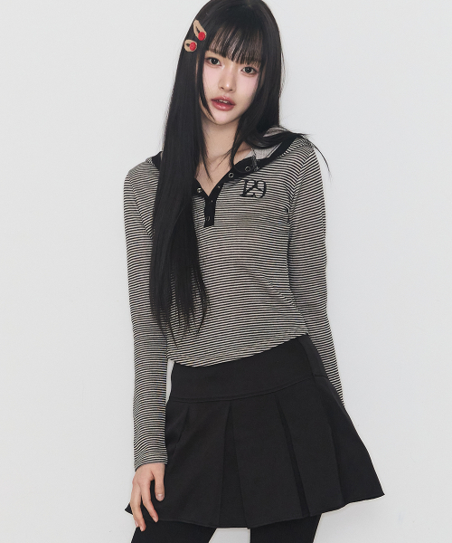 129 BUTTON HOODIE LONG SLEEVE BEIGE BLACK