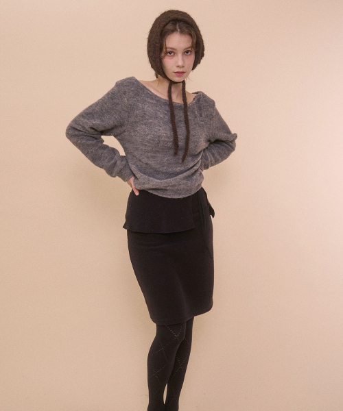 FUZZY BOAT NECK KNIT-GRAY