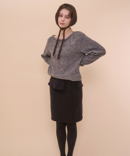 FUZZY BOAT NECK KNIT-GRAY