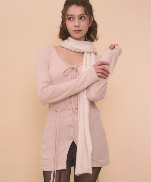 STRAP LONG SLEEVE CARDIGAN-CREAM PINK