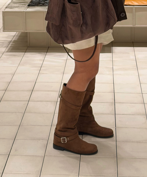 BUCKLE LONG BOOTS_SUEDE BROWN
