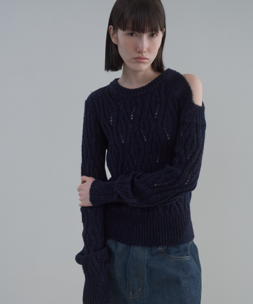 Shoulder Cut-Out Cable Pullover [NAVY]