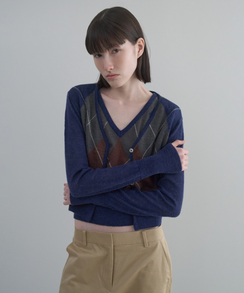 Argyle V-Neck Cardigan [NAVY]