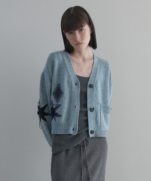 Nep Yarn Jacquard V-Neck Cardigan [BLUE]