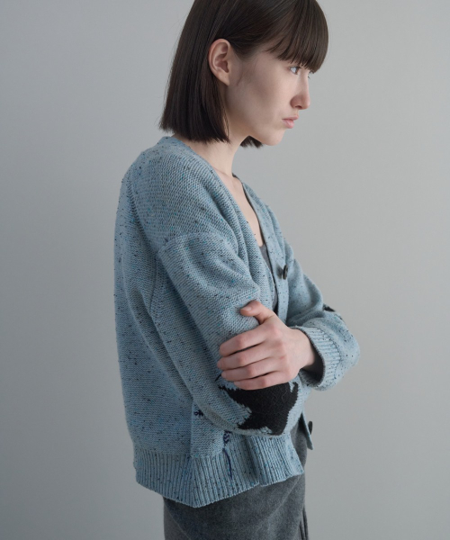 Nep Yarn Jacquard V-Neck Cardigan [BLUE]