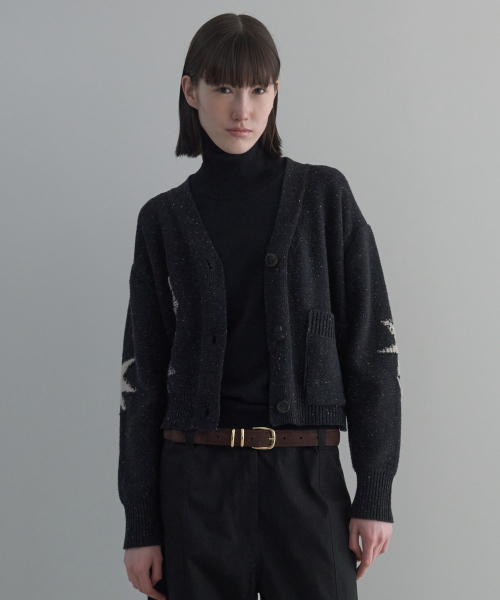 Nep Yarn Jacquard V-Neck Cardigan [CHARCOAL]