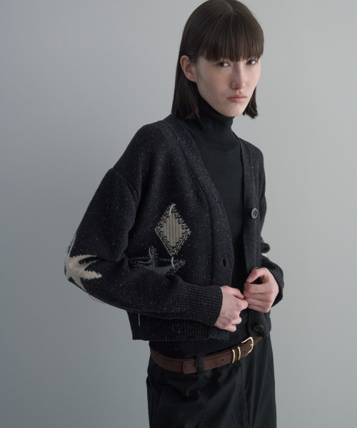 Nep Yarn Jacquard V-Neck Cardigan [CHARCOAL]