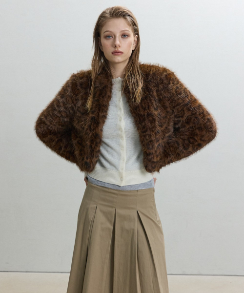 Leopard Print Faux Fur Jacket [BROWN]
