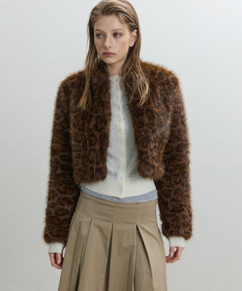 Leopard Print Faux Fur Jacket [BROWN]