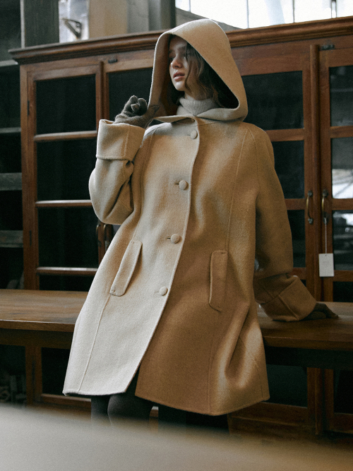 VELOUR hoodie handmade half coat_BEIGE