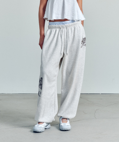 SPRING GRAPHIC WIDE PANTS OATMEAL