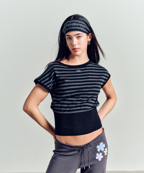 STRIPE WAIST RIB KNIT TOP BLACK